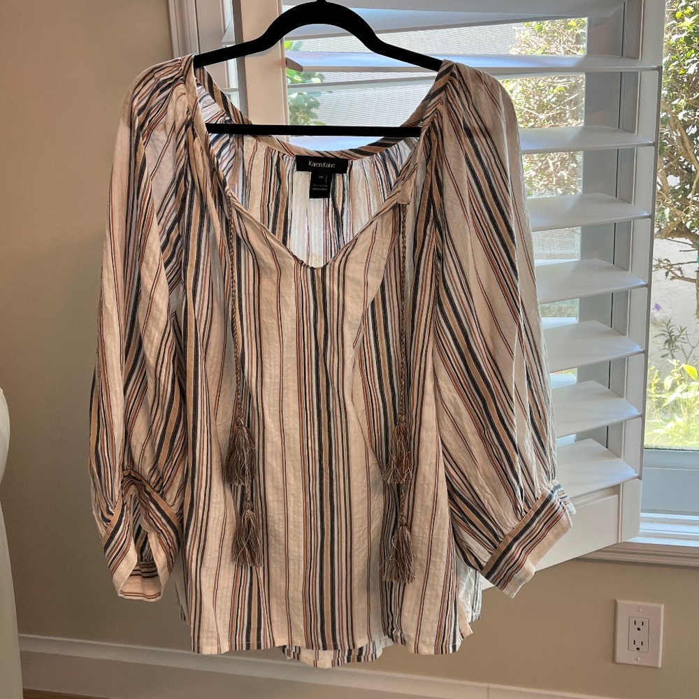 Karen Kane pheasant top, tan with bright and blue denim strips, plus size 2X